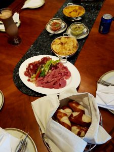Prosciutto di parma, hot pretzel bread, salt and pepper chips, nachos with guacamole and salsa as an afternoon amenity.
